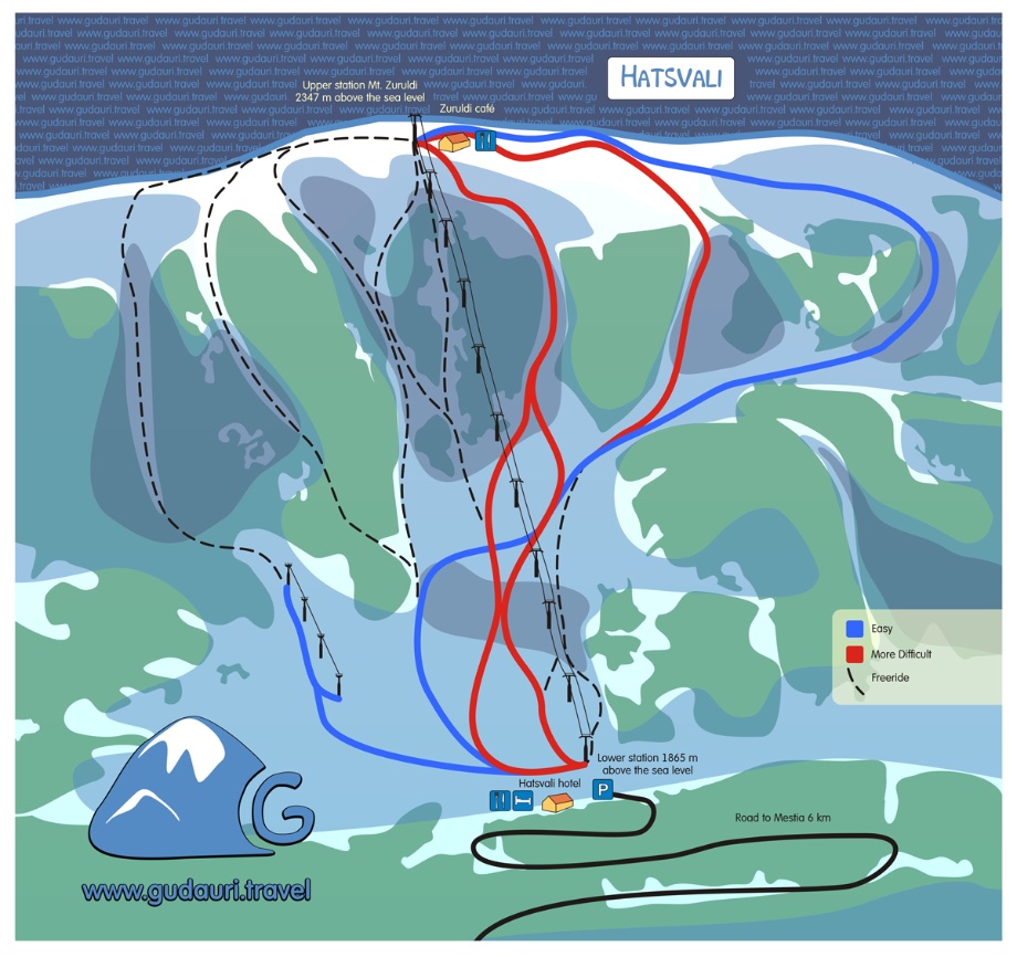 Map of ski lifts and slopes in Hatsvali (Mestia, Svaneti Region. Georgia)